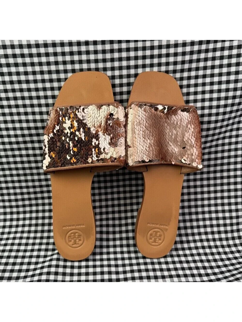 Tory Burch Carter Reversible Sequin Slide Sandals Rose Gold Slides Women's 8